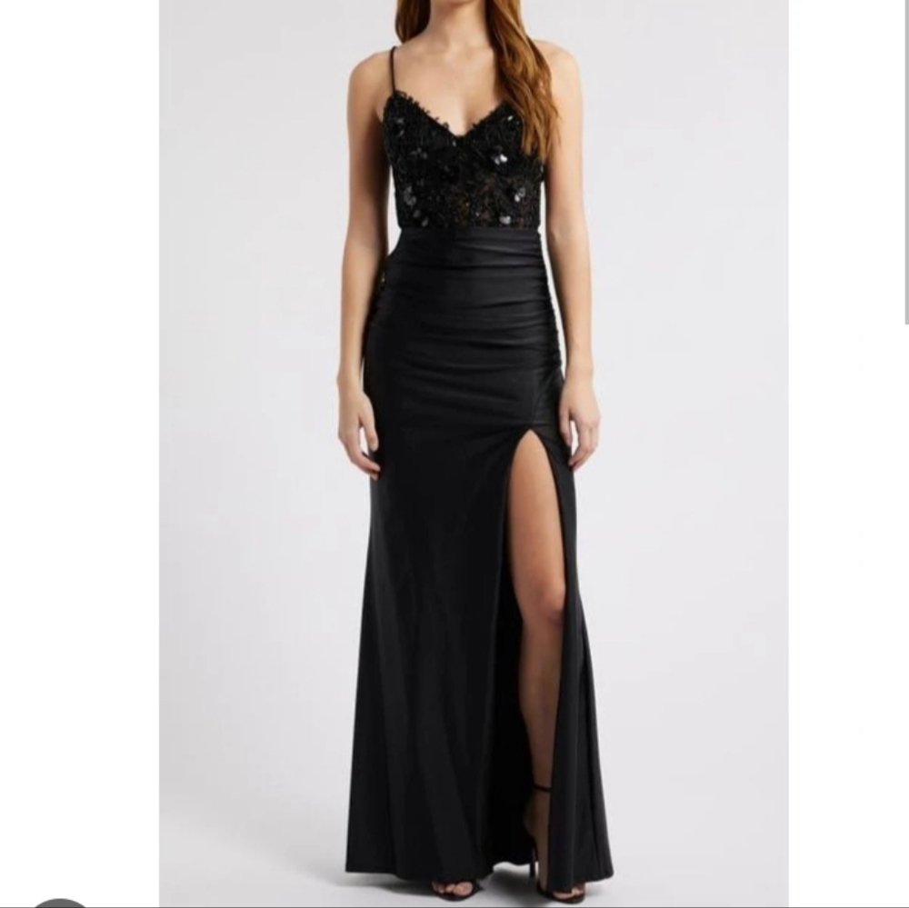 City Studio Black Beaded Bodice Front Slit Gown